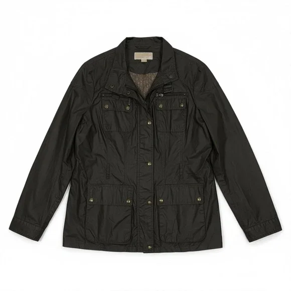 Michael Kors Olive Green Waxed Utility Jacket Women XL Pockets Zip Snap Military - Picture 3 of 9